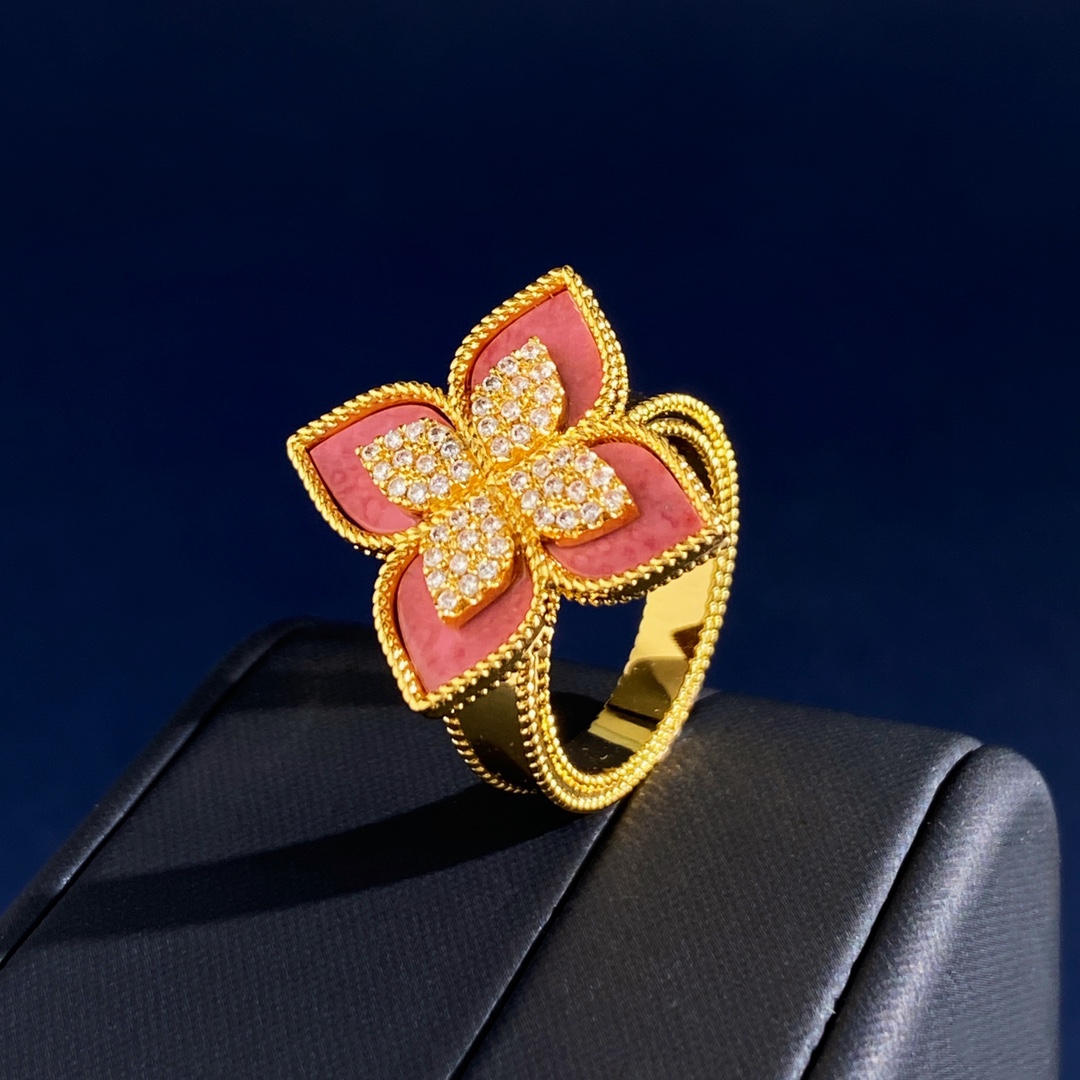 Roberto Coin Princess Flower ring Yellow gold rose gold white gold with pink rhodonite and pave diamonds 6 5