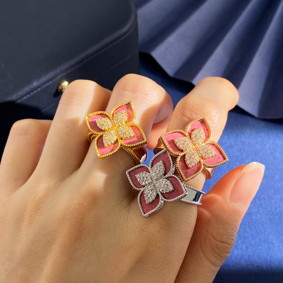 Roberto Coin Princess Flower ring Yellow gold rose gold white gold with pink rhodonite and pave diamonds 6 5