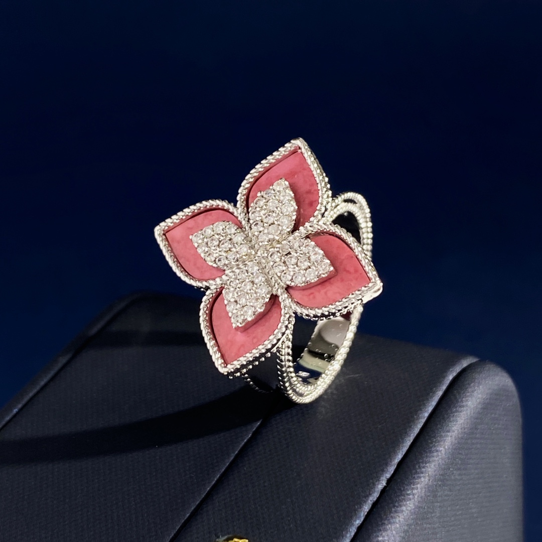 Roberto Coin Princess Flower ring Yellow gold rose gold white gold with pink rhodonite and pave diamonds 6 5