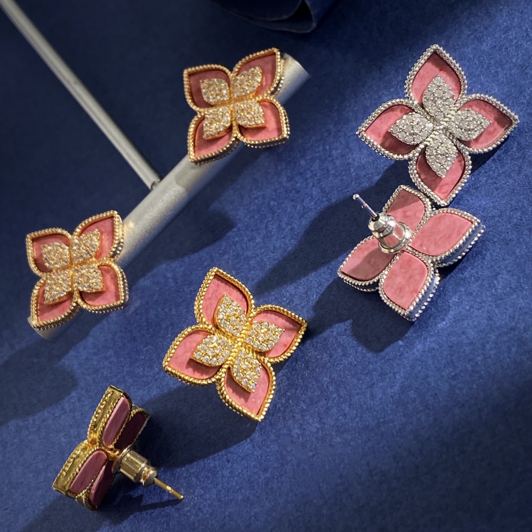 Roberto Coin Princess Flower earrings 18k yellow gold 18k white gold pink rhodonite pave diamond 15mm diameter