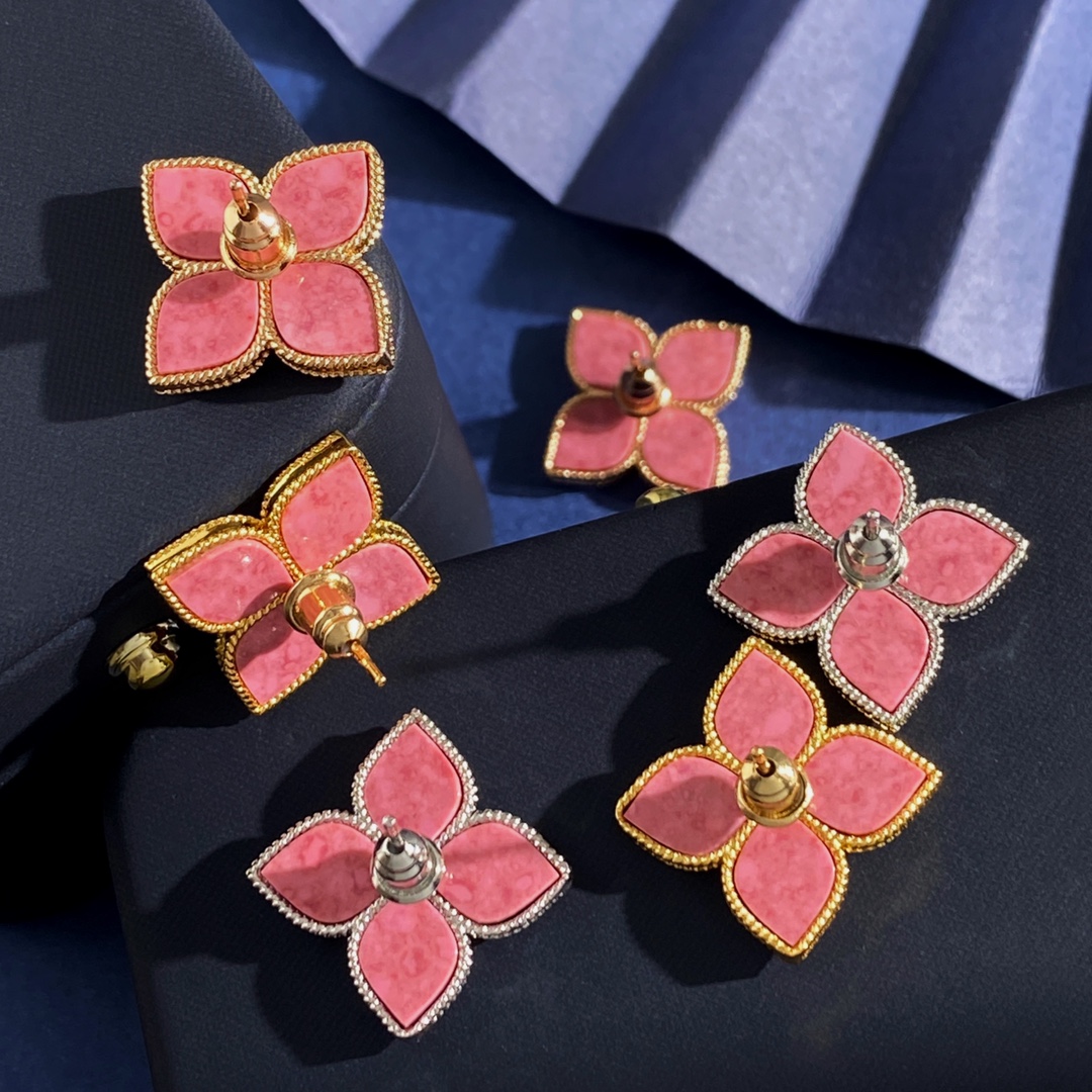 Roberto Coin Princess Flower earrings 18k yellow gold 18k white gold pink rhodonite pave diamond 15mm diameter