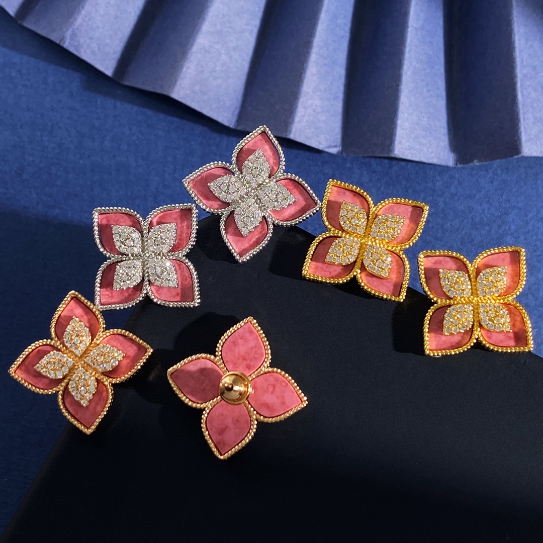 Roberto Coin Princess Flower earrings 18k yellow gold 18k white gold pink rhodonite pave diamond 15mm diameter