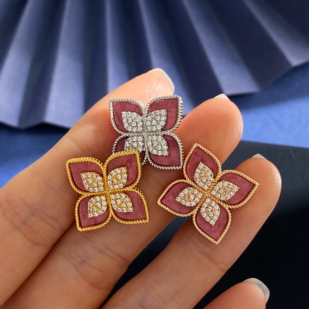 Roberto Coin Princess Flower earrings 18k yellow gold 18k white gold pink rhodonite pave diamond 15mm diameter