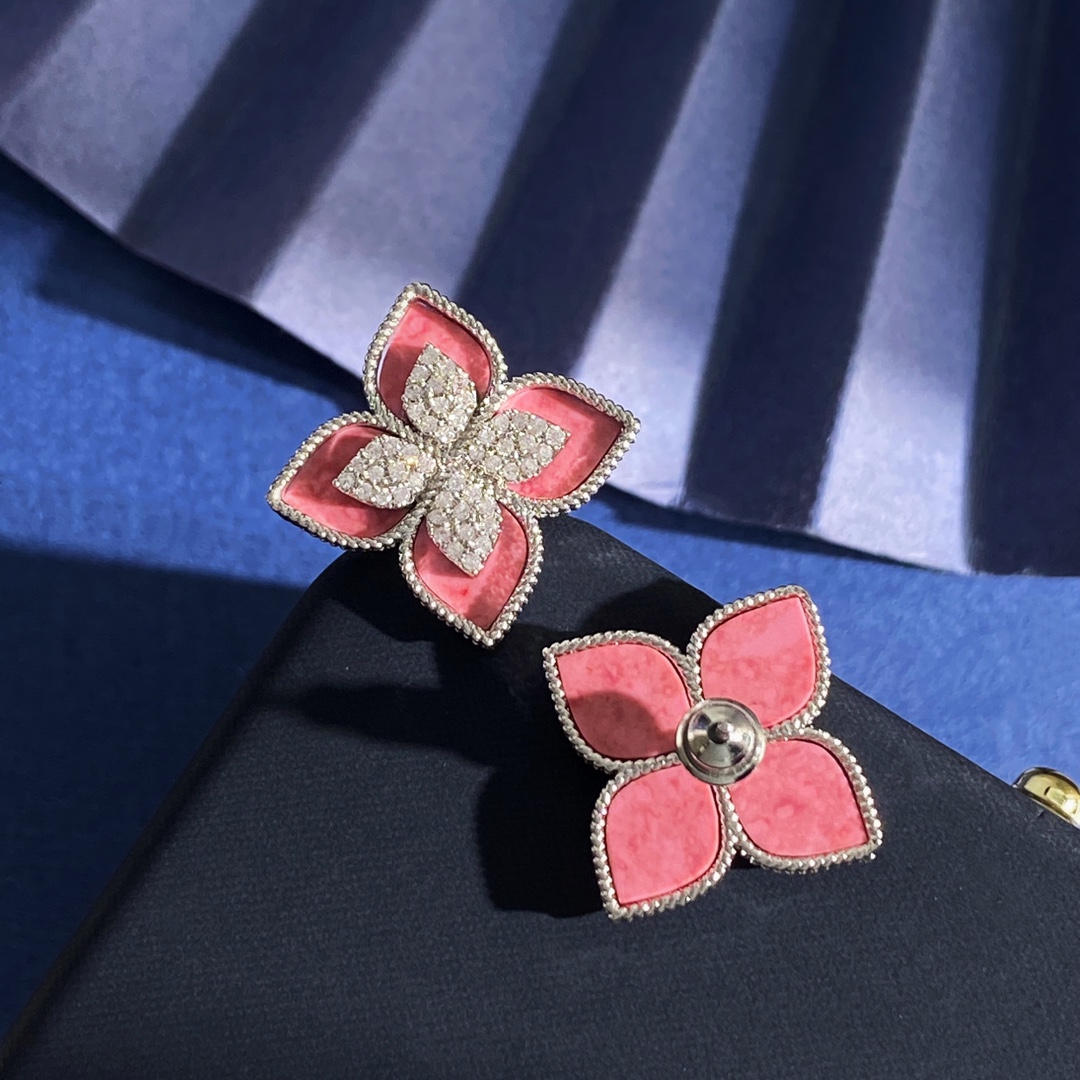 Roberto Coin Princess Flower earrings 18k yellow gold 18k white gold pink rhodonite pave diamond 15mm diameter