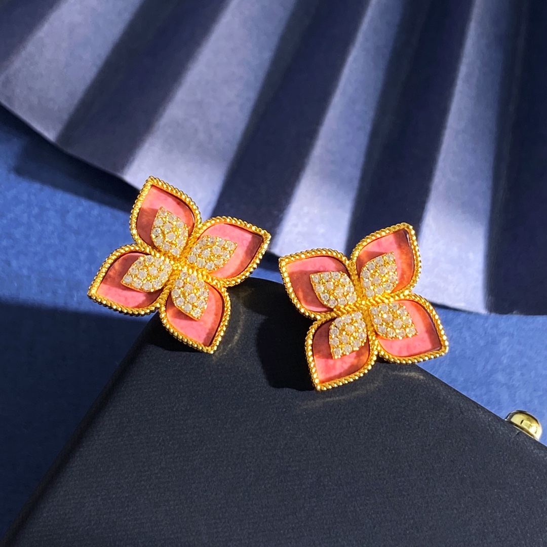 Roberto Coin Princess Flower earrings 18k yellow gold 18k white gold pink rhodonite pave diamond 15mm diameter