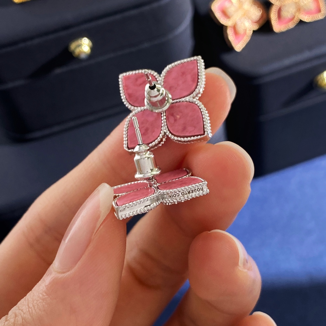 Roberto Coin Princess Flower earrings 18k yellow gold 18k white gold pink rhodonite pave diamond 15mm diameter