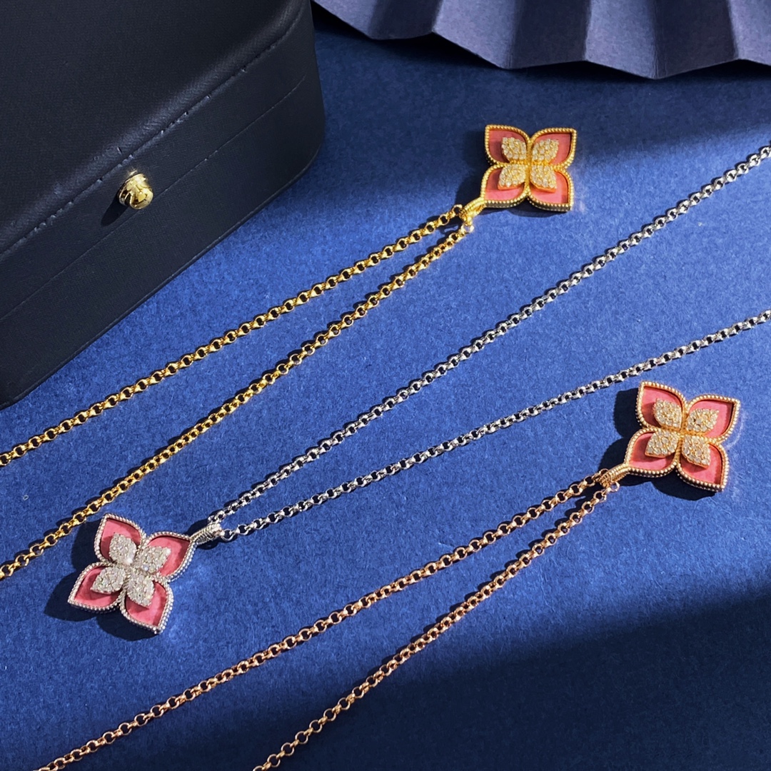 Roberto Coin Princess Flower necklace Silver-toned metal with pink rhodonite inlay and pave white diamonds 42cm