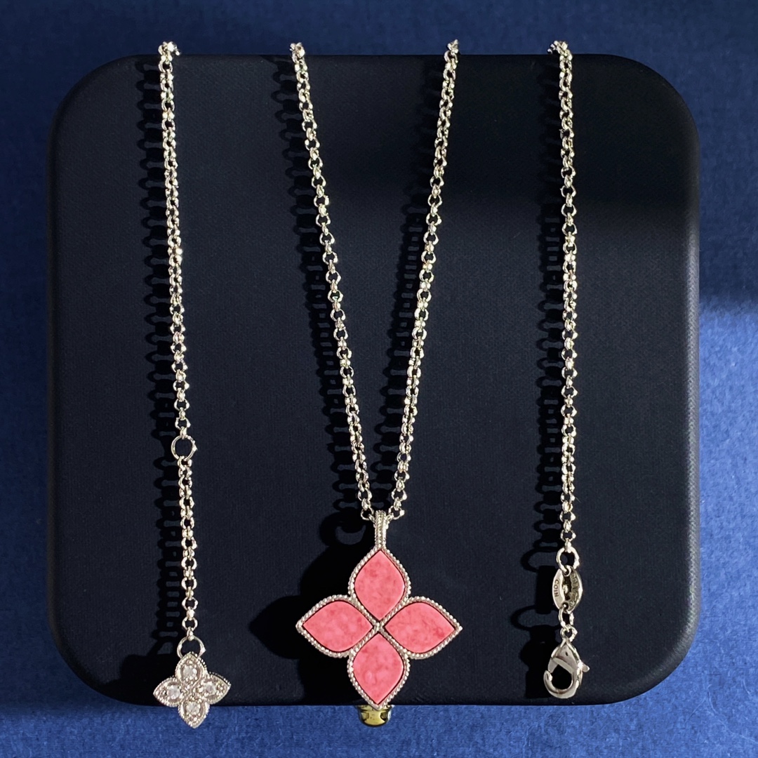 Roberto Coin Princess Flower necklace Silver-toned metal with pink rhodonite inlay and pave white diamonds 42cm