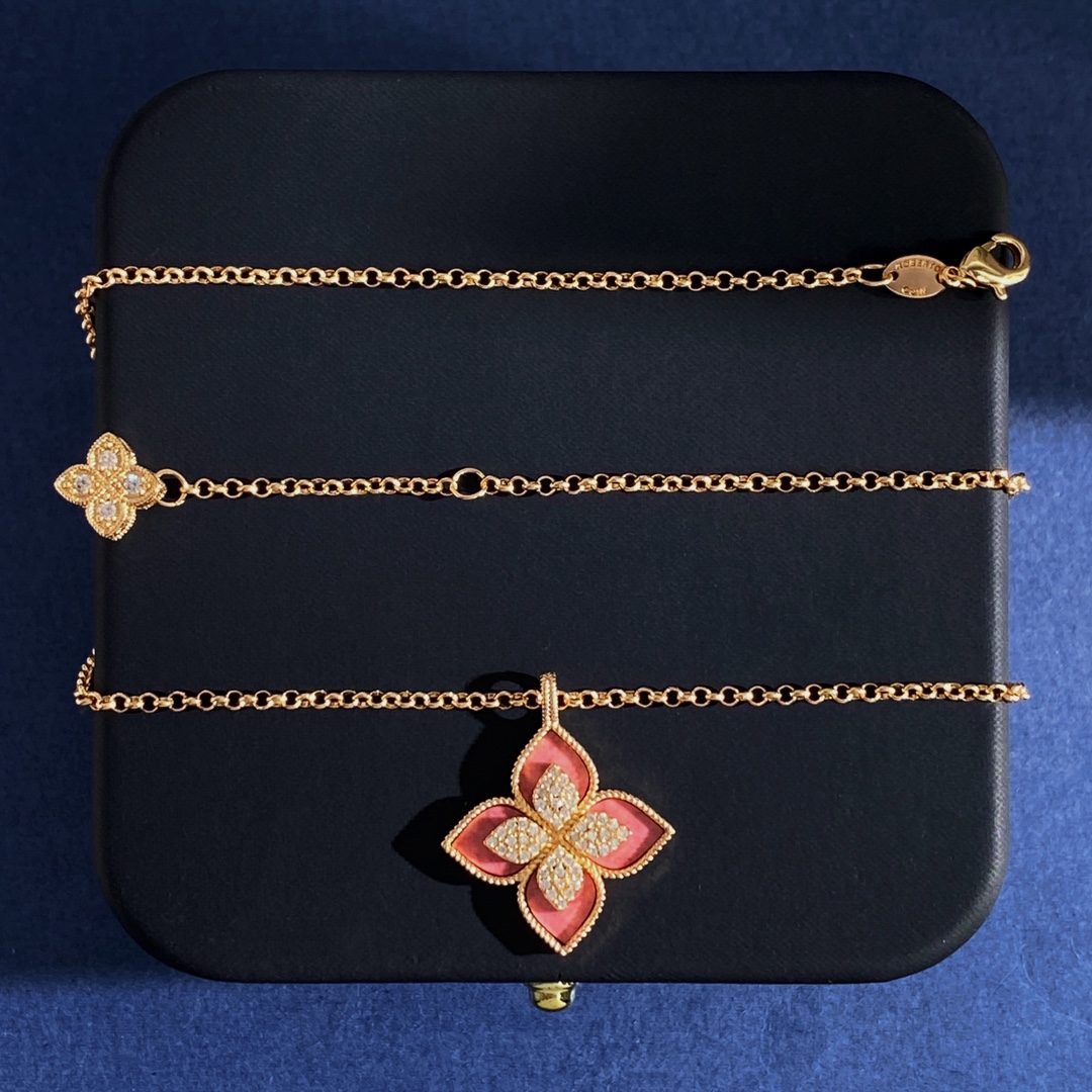 Roberto Coin Princess Flower necklace Silver-toned metal with pink rhodonite inlay and pave white diamonds 42cm