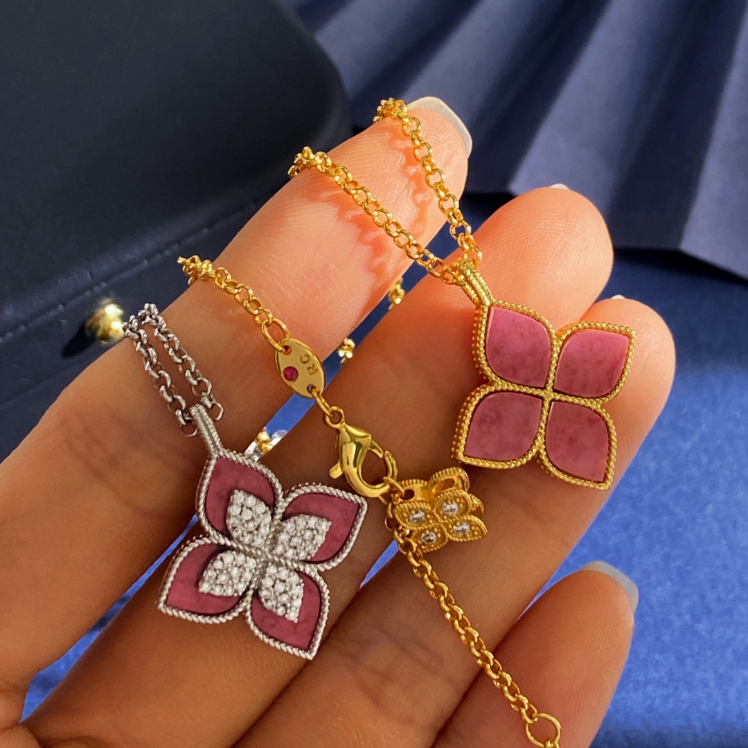 Roberto Coin Princess Flower necklace Silver-toned metal with pink rhodonite inlay and pave white diamonds 42cm