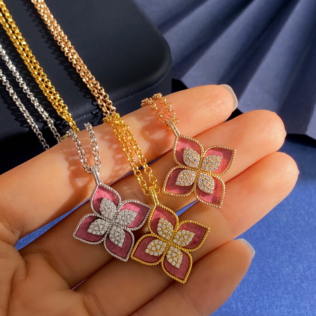 Roberto Coin Princess Flower necklace Silver-toned metal with pink rhodonite inlay and pave white diamonds 42cm