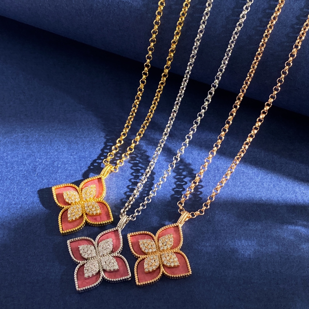 Roberto Coin Princess Flower necklace Silver-toned metal with pink rhodonite inlay and pave white diamonds 42cm