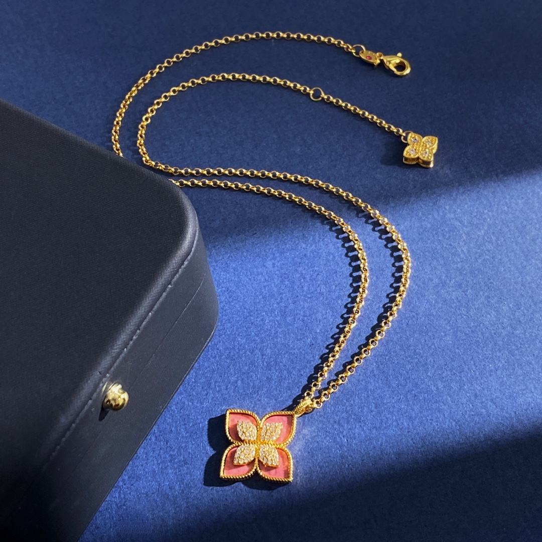 Roberto Coin Princess Flower necklace Silver-toned metal with pink rhodonite inlay and pave white diamonds 42cm