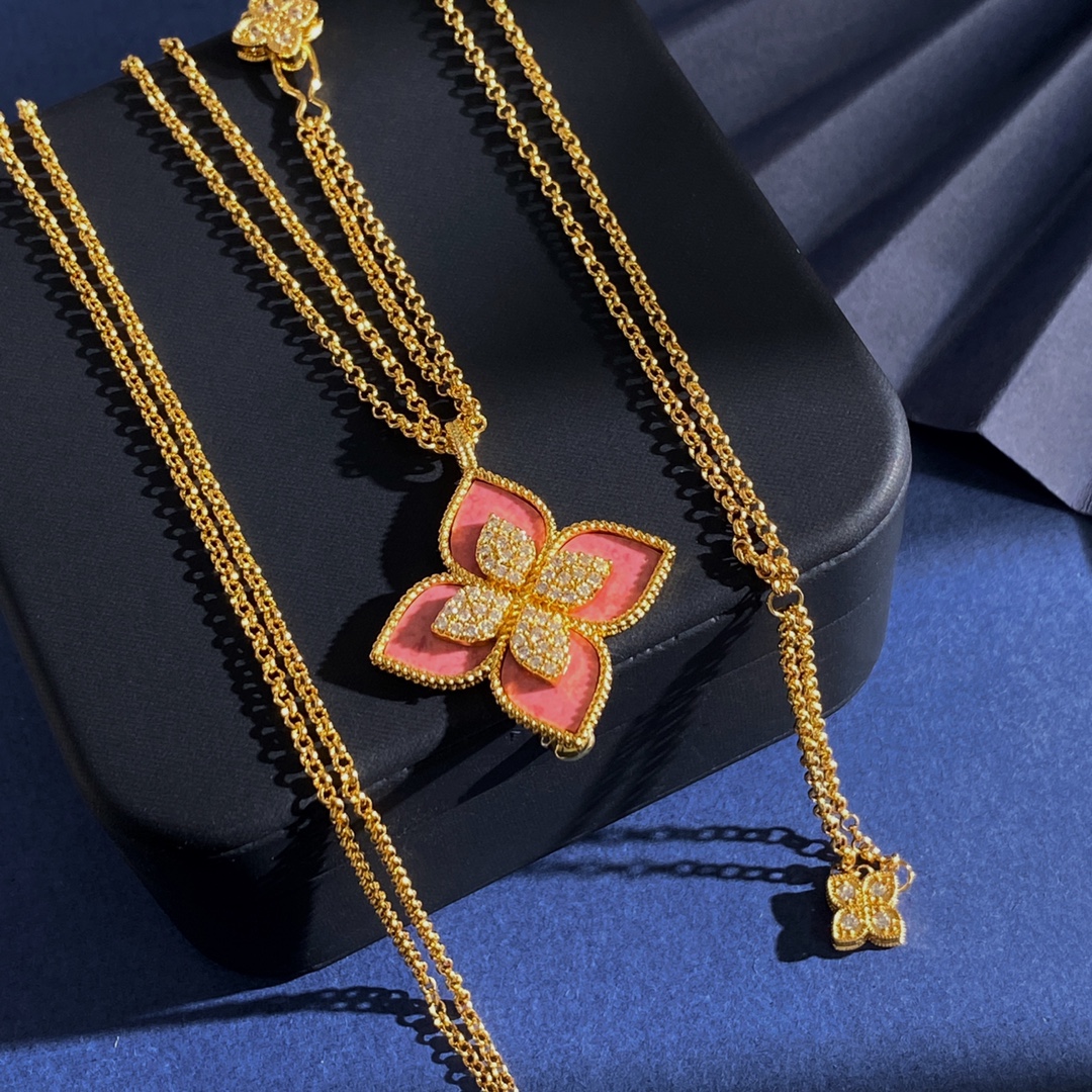 Collana Roberto Coin Princess Flower Oro giallo Argento rodiato Oro rosa con rodonite rosa e accenti di diamanti 18 pollici