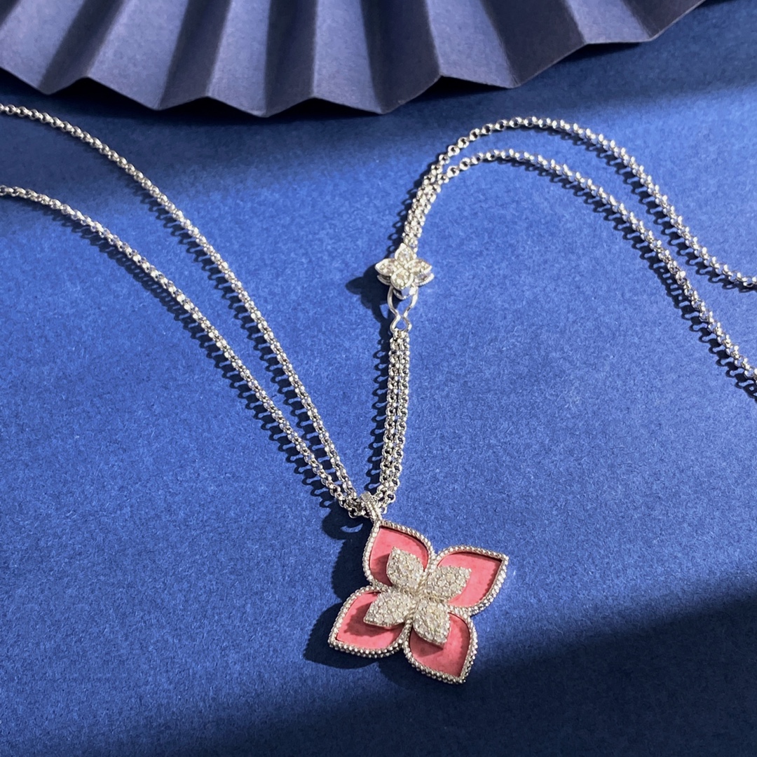 Collana Roberto Coin Princess Flower Oro giallo Argento rodiato Oro rosa con rodonite rosa e accenti di diamanti 18 pollici