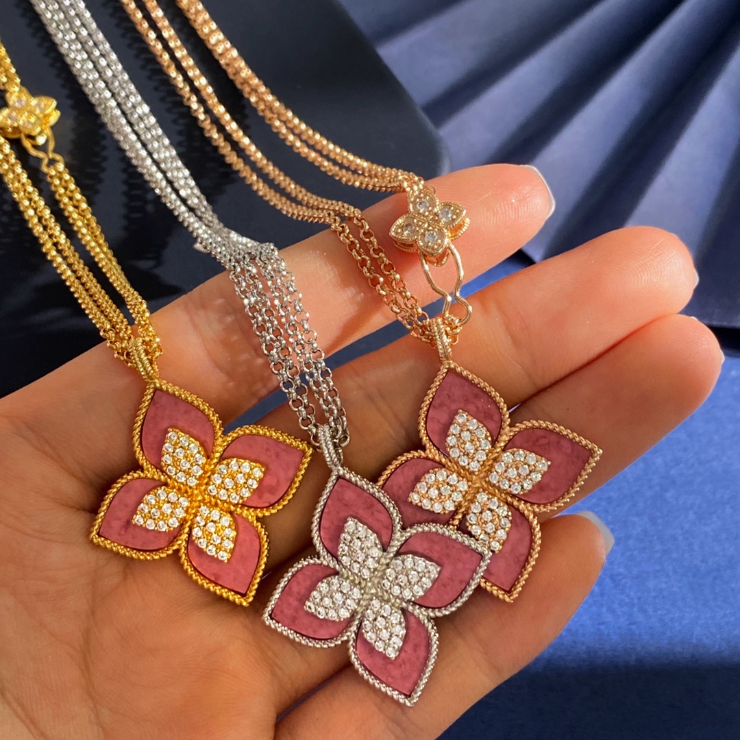 Collana Roberto Coin Princess Flower Oro giallo Argento rodiato Oro rosa con rodonite rosa e accenti di diamanti 18 pollici