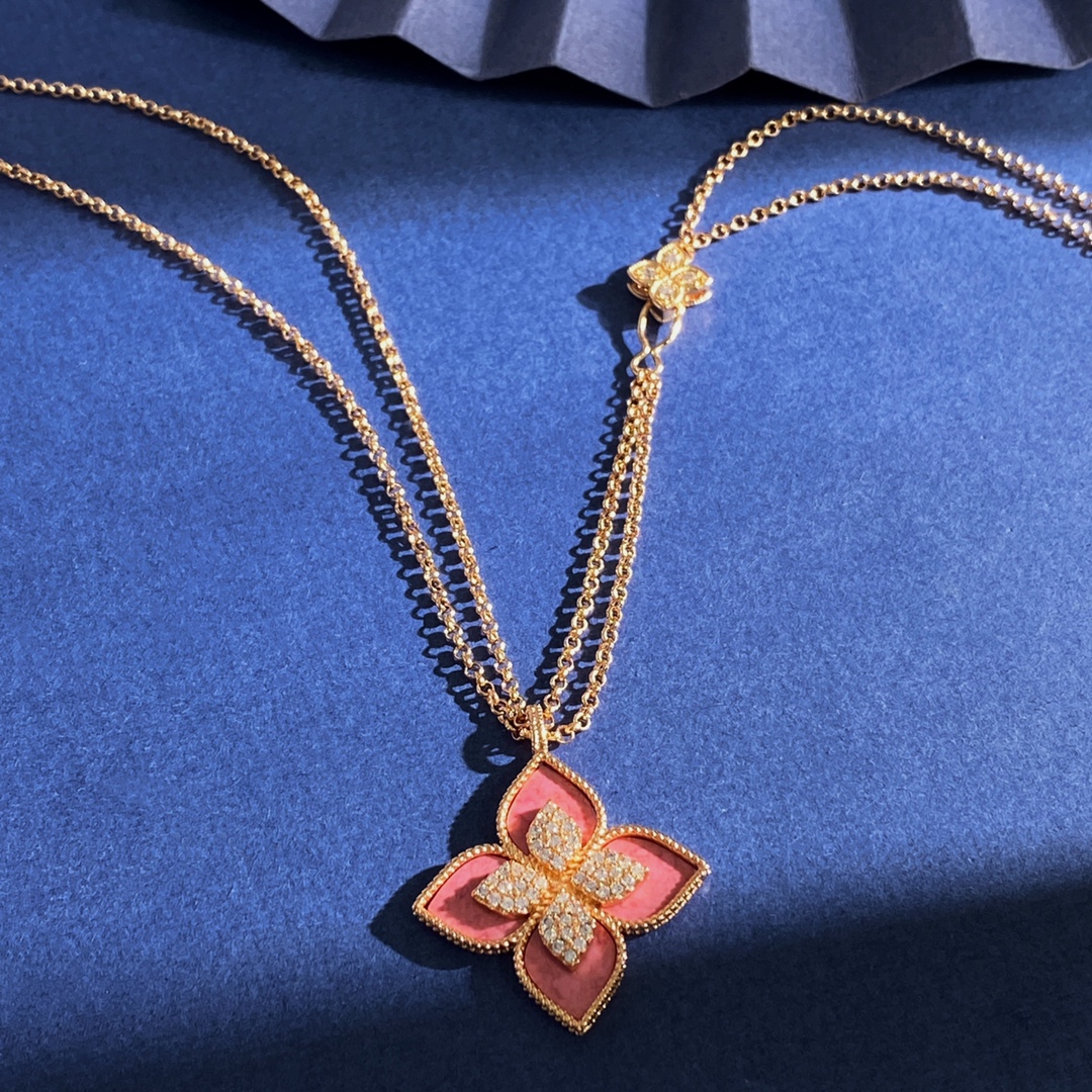 Collana Roberto Coin Princess Flower Oro giallo Argento rodiato Oro rosa con rodonite rosa e accenti di diamanti 18 pollici