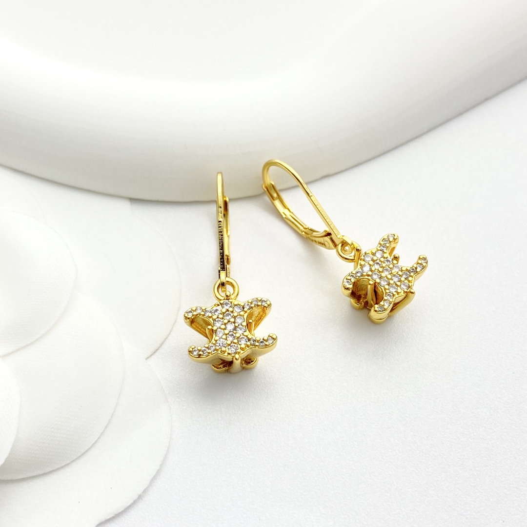 Celine Triomphe earrings gold-tone metal with clear pave crystals 2 5cm drop length