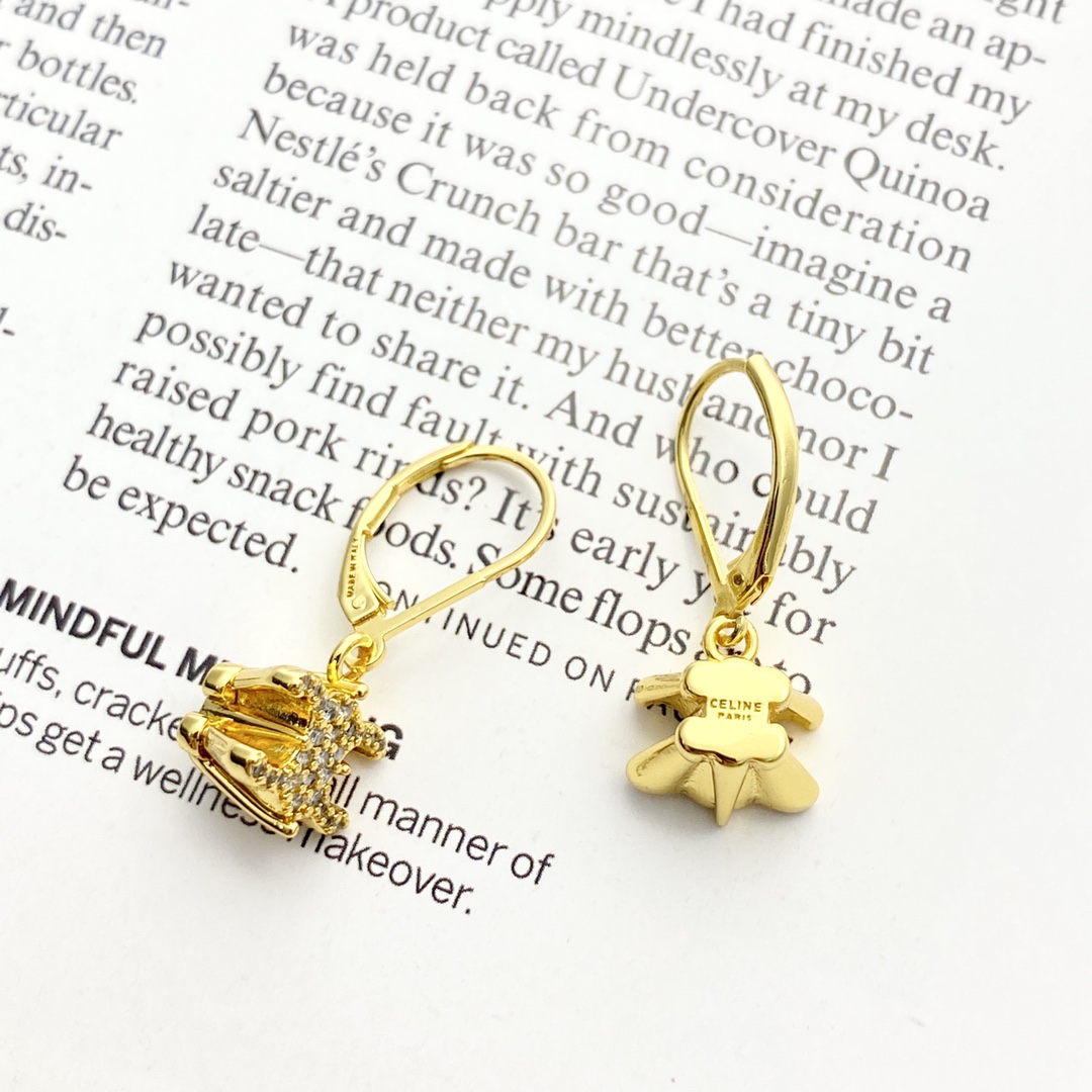 Celine Triomphe earrings gold-tone metal with clear pave crystals 2 5cm drop length