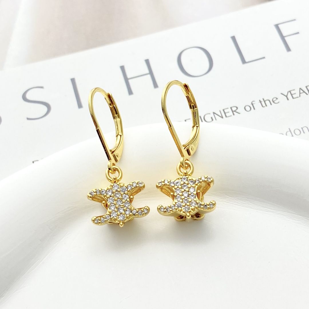 Celine Triomphe earrings gold-tone metal with clear pave crystals 2 5cm drop length