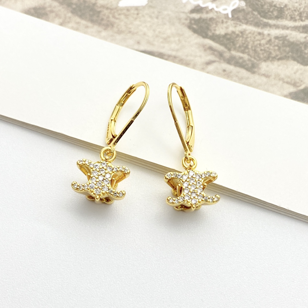 Celine Triomphe earrings gold-tone metal with clear pave crystals 2 5cm drop length