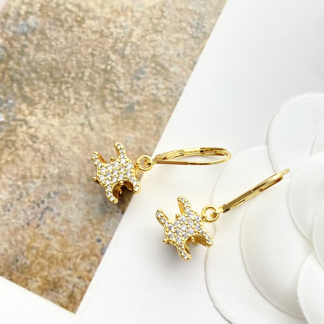Celine Triomphe earrings gold-tone metal with clear pave crystals 2 5cm drop length