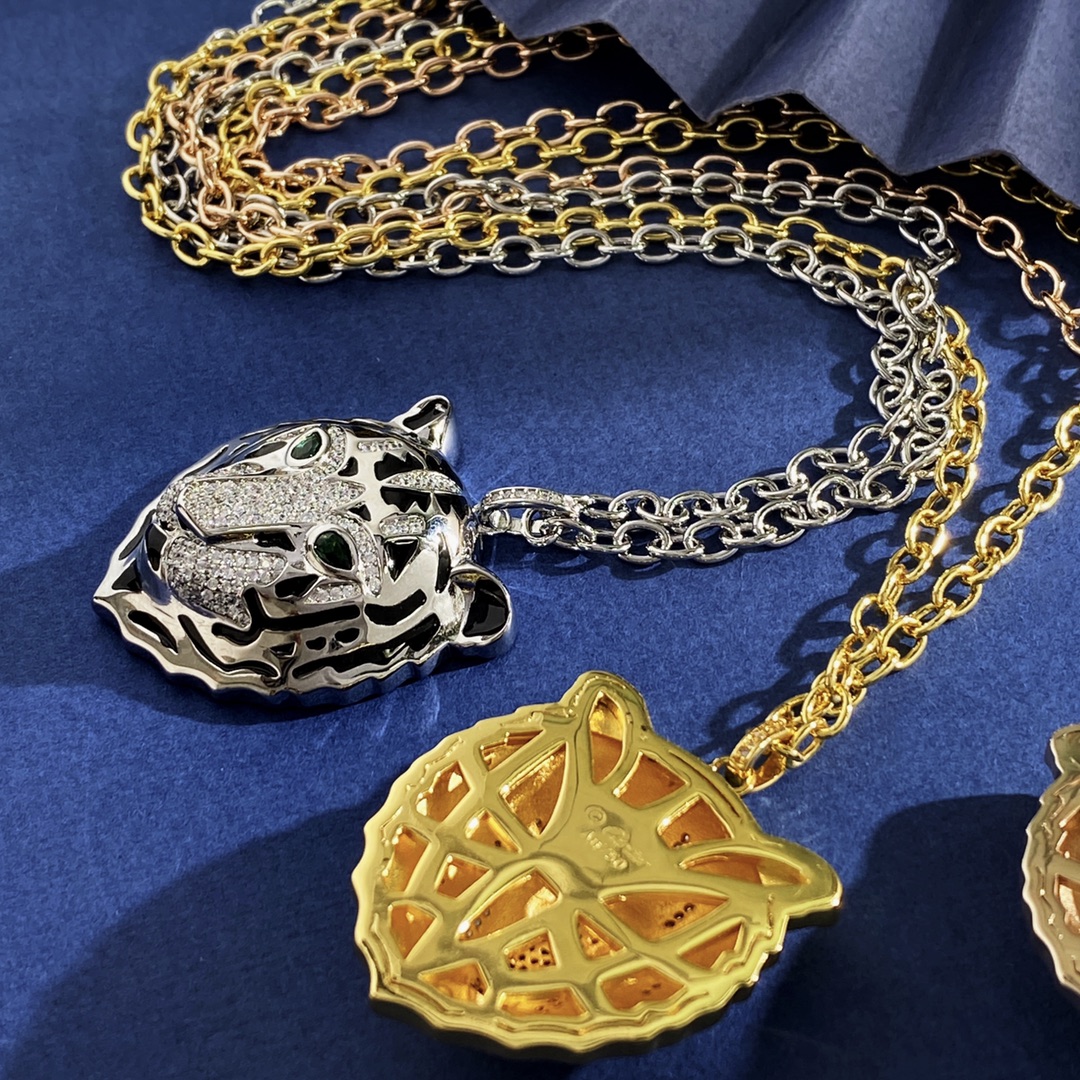 Cartier Panthere de Cartier Tiger Head Pendant necklace Yellow gold with black enamel pave-set clear diamonds and green gemstone eyes 60cm