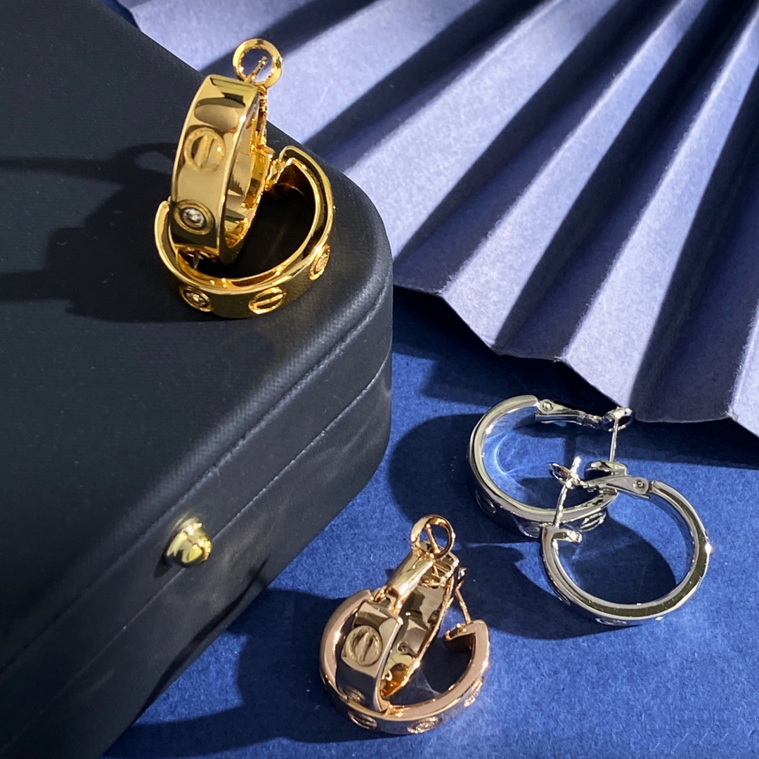 Cartier LOVE earrings 18K yellow gold 18K white gold 18K rose gold with clear diamond accents 13mm hoop diameter