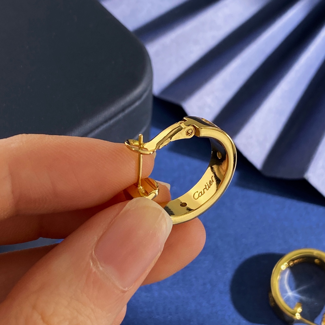 Cartier LOVE earrings 18K yellow gold 18K white gold 18K rose gold with clear diamond accents 13mm hoop diameter