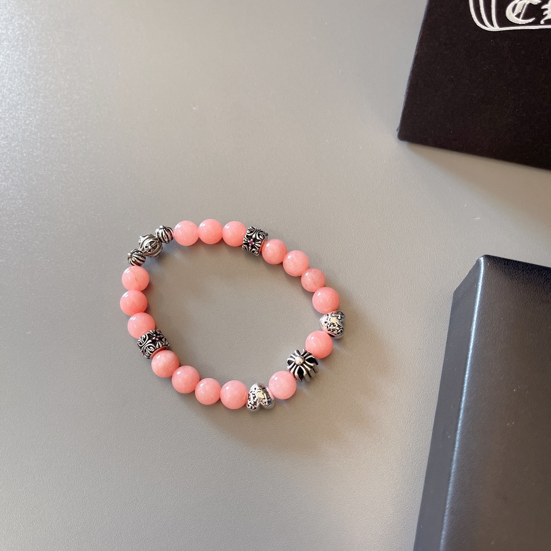 Chrome Hearts Beaded Cross Heart Charm Bracelet bracelet Sterling silver with light pink opal-like beads and tiny pink accent stones 18cm