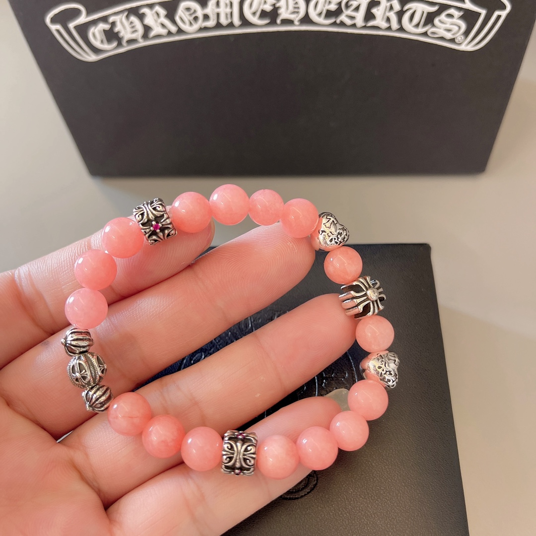 Chrome Hearts Beaded Cross Heart Charm Bracelet bracelet Sterling silver with light pink opal-like beads and tiny pink accent stones 18cm