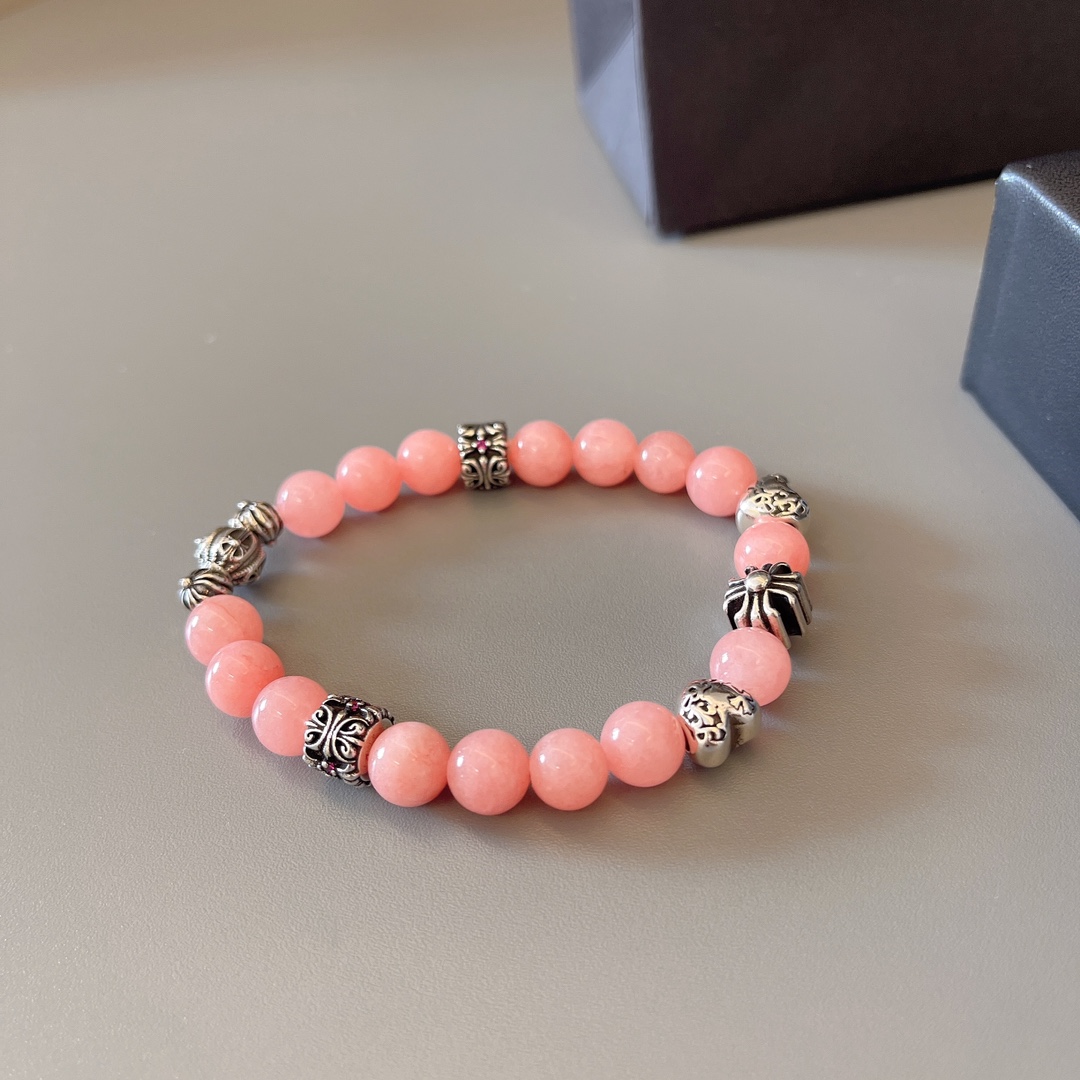 Chrome Hearts Beaded Cross Heart Charm Bracelet bracelet Sterling silver with light pink opal-like beads and tiny pink accent stones 18cm