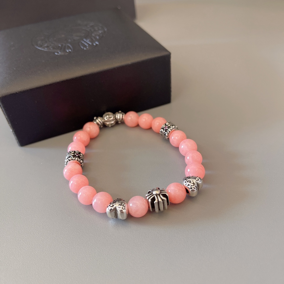 Chrome Hearts Beaded Cross Heart Charm Bracelet bracelet Sterling silver with light pink opal-like beads and tiny pink accent stones 18cm