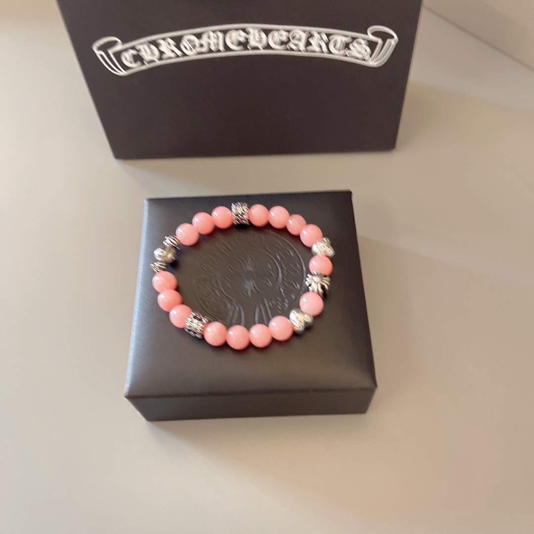 Chrome Hearts Beaded Cross Heart Charm Bracelet bracelet Sterling silver with light pink opal-like beads and tiny pink accent stones 18cm