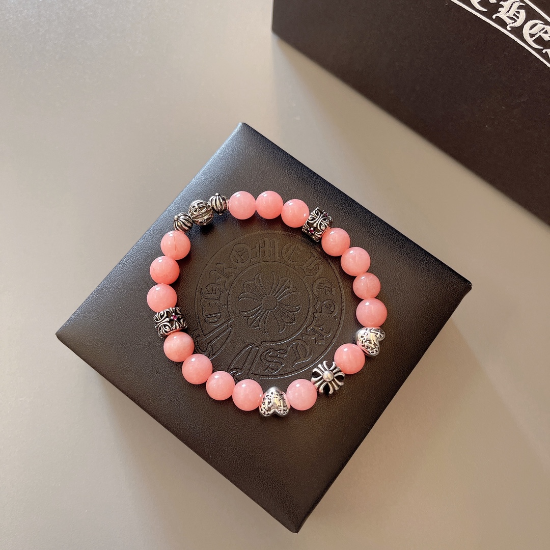Chrome Hearts Beaded Cross Heart Charm Bracelet bracelet Sterling silver with light pink opal-like beads and tiny pink accent stones 18cm