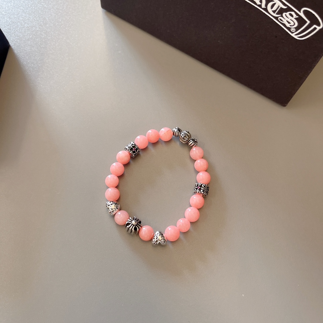 Chrome Hearts Beaded Cross Heart Charm Bracelet bracelet Sterling silver with light pink opal-like beads and tiny pink accent stones 18cm