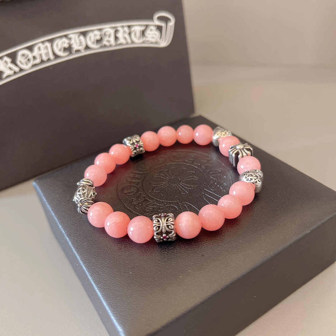 Chrome Hearts Beaded Cross Heart Charm Bracelet bracelet Sterling silver with light pink opal-like beads and tiny pink accent stones 18cm