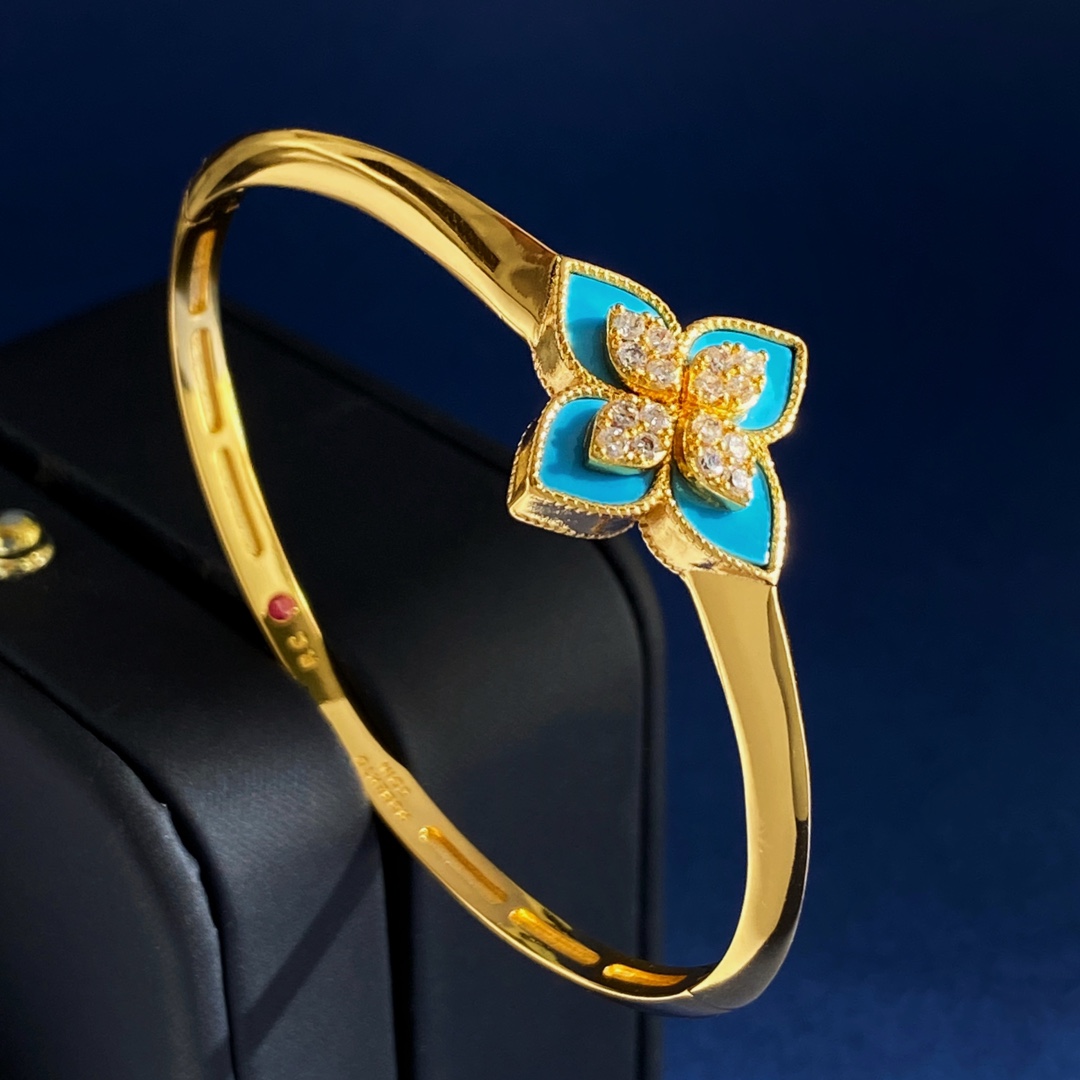 Roberto Coin Love in Verona bracelet Yellow gold with diamond accents assorted enamel blue green white pink black turquoise and mother-of-pearl flower details 17cm