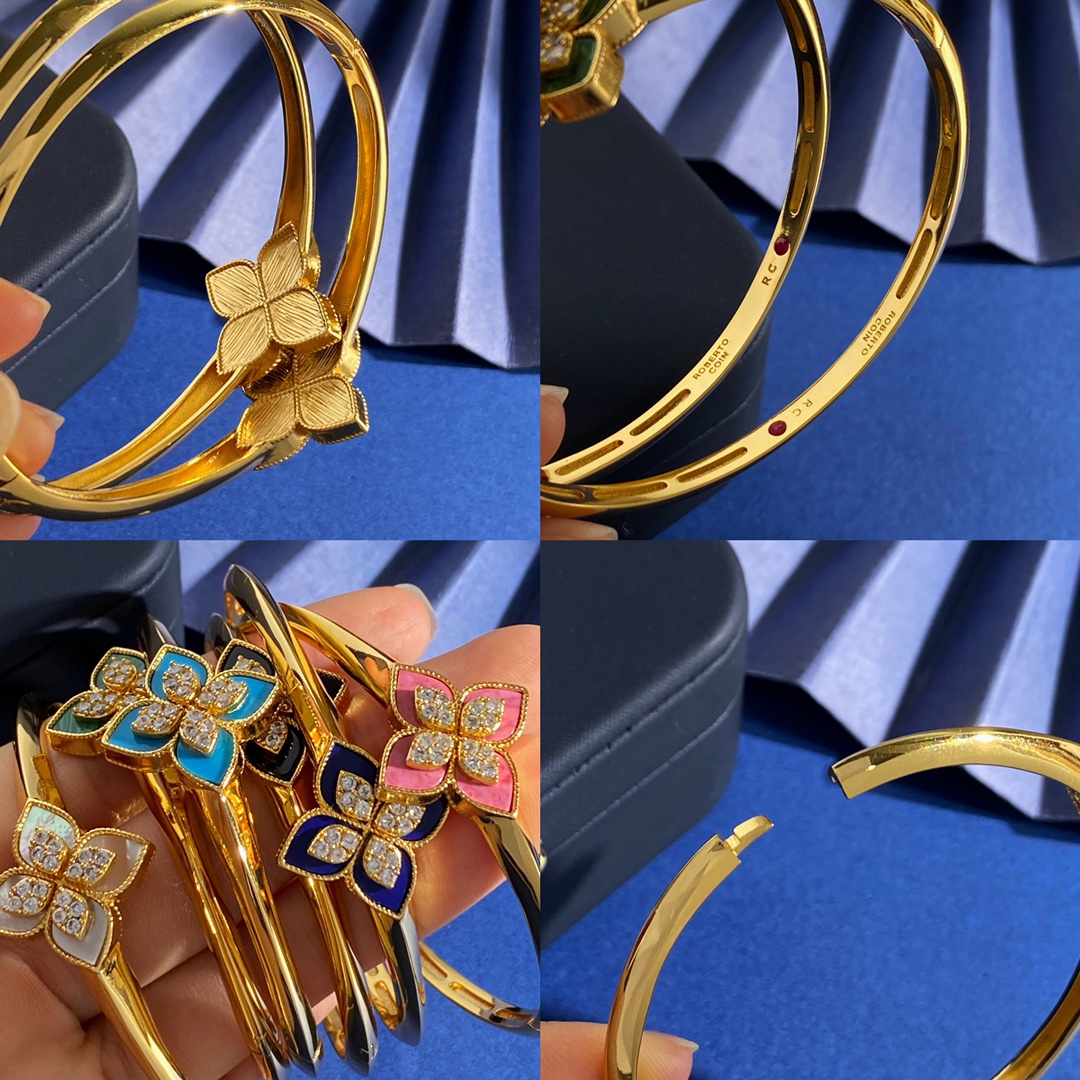 Roberto Coin Love in Verona bracelet Yellow gold with diamond accents assorted enamel blue green white pink black turquoise and mother-of-pearl flower details 17cm