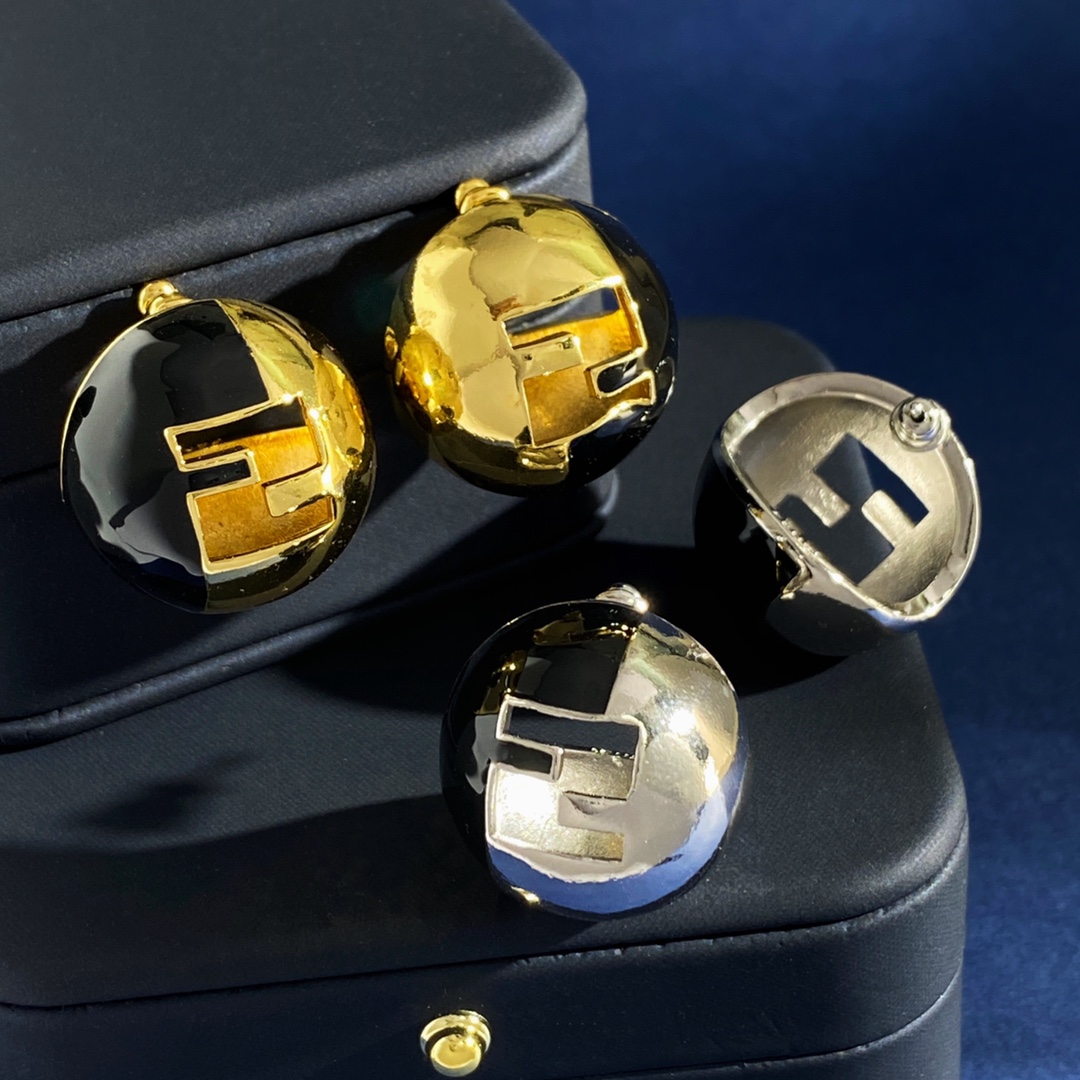 Fendi FF Logo Dome Stud Earrings earrings Gold-tone metal with black enamel silver-tone variant also available 2 5cm diameter