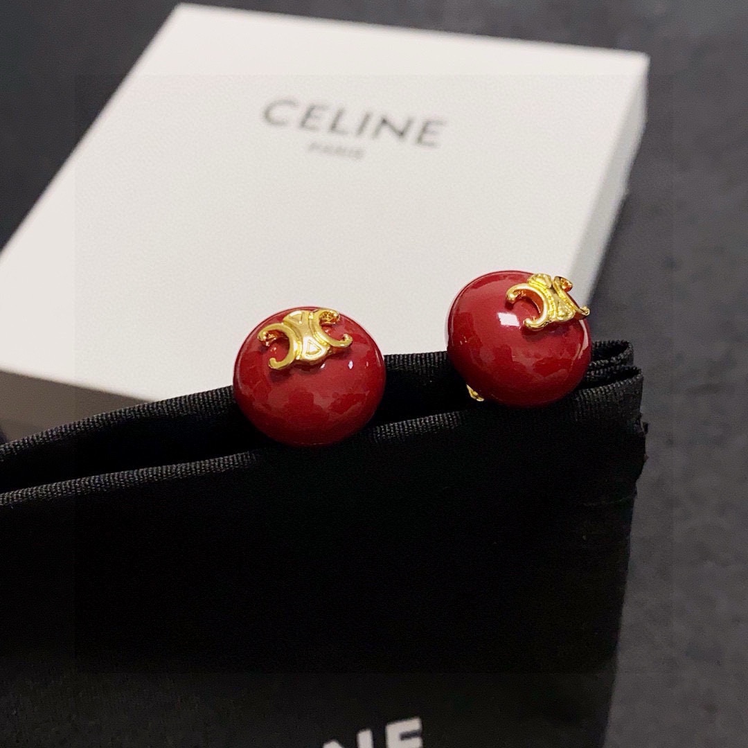 Celine Triomphe earrings gold-tone metal deep red resin 1 5cm diameter