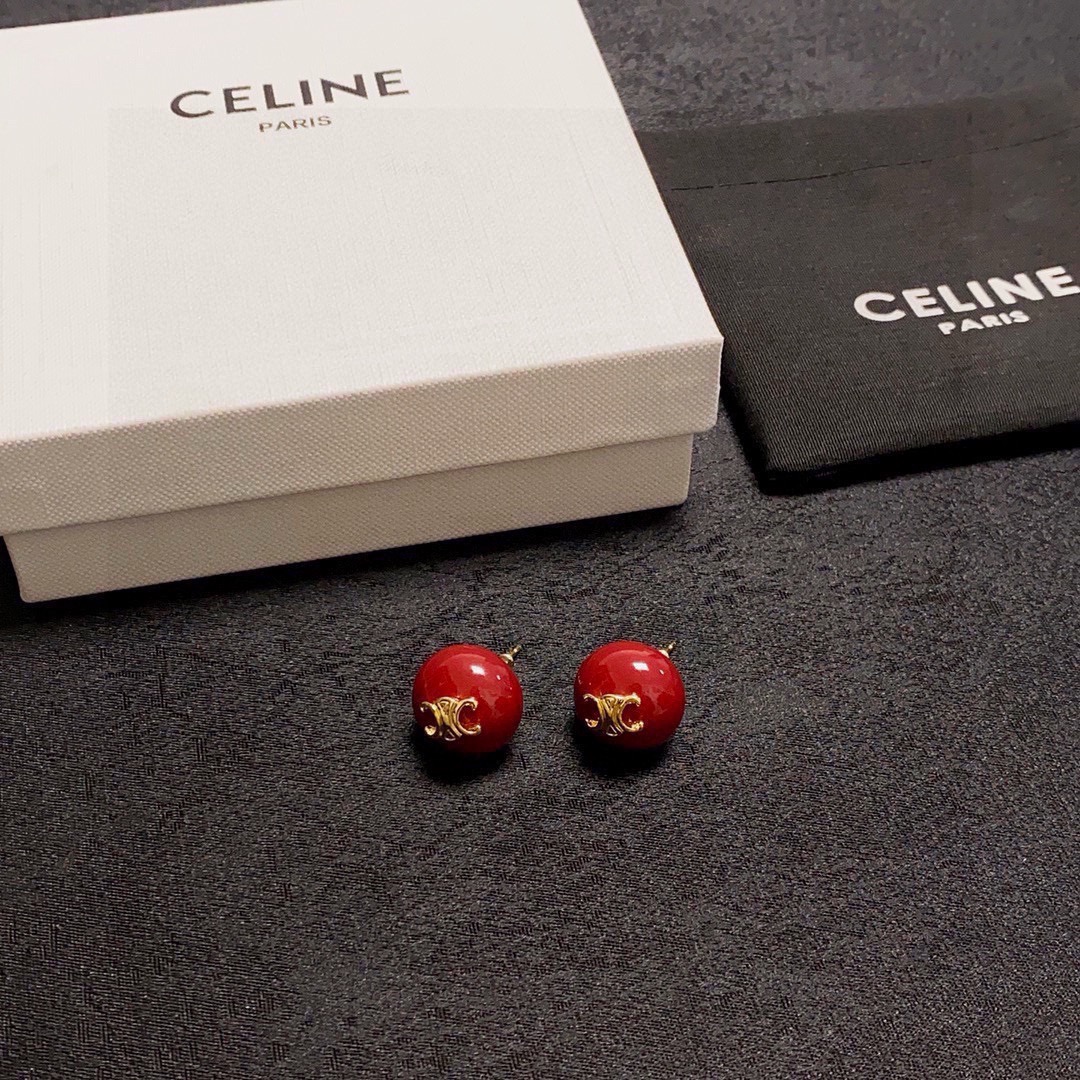 Celine Triomphe earrings gold-tone metal deep red resin 1 5cm diameter
