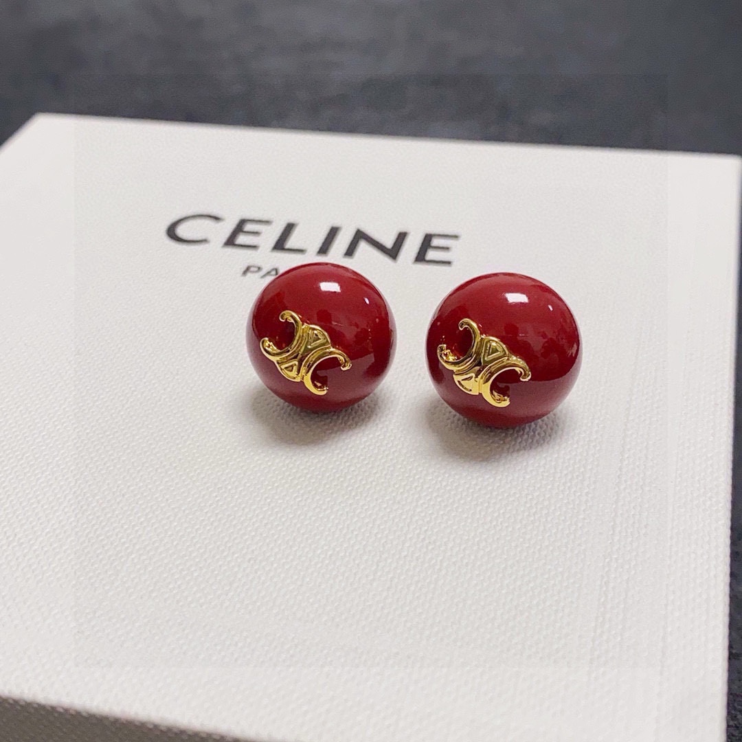 Celine Triomphe earrings gold-tone metal deep red resin 1 5cm diameter