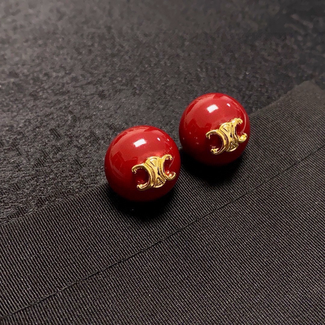 Celine Triomphe earrings gold-tone metal deep red resin 1 5cm diameter