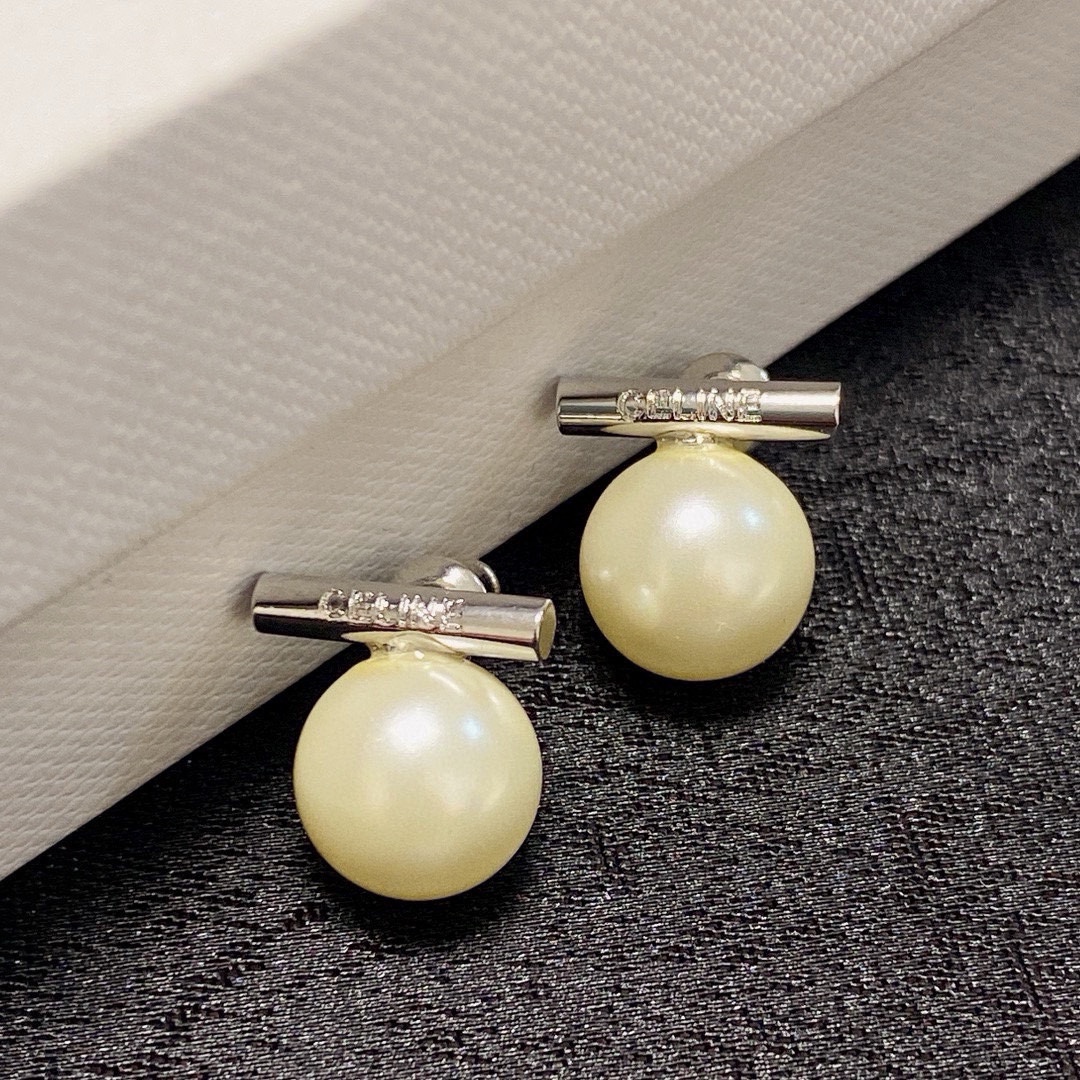 Celine Bar Pearl Stud Earrings earrings Silver-toned metal cream white pearl clear crystal accents One size 10mm pearl diameter 8mm bar length