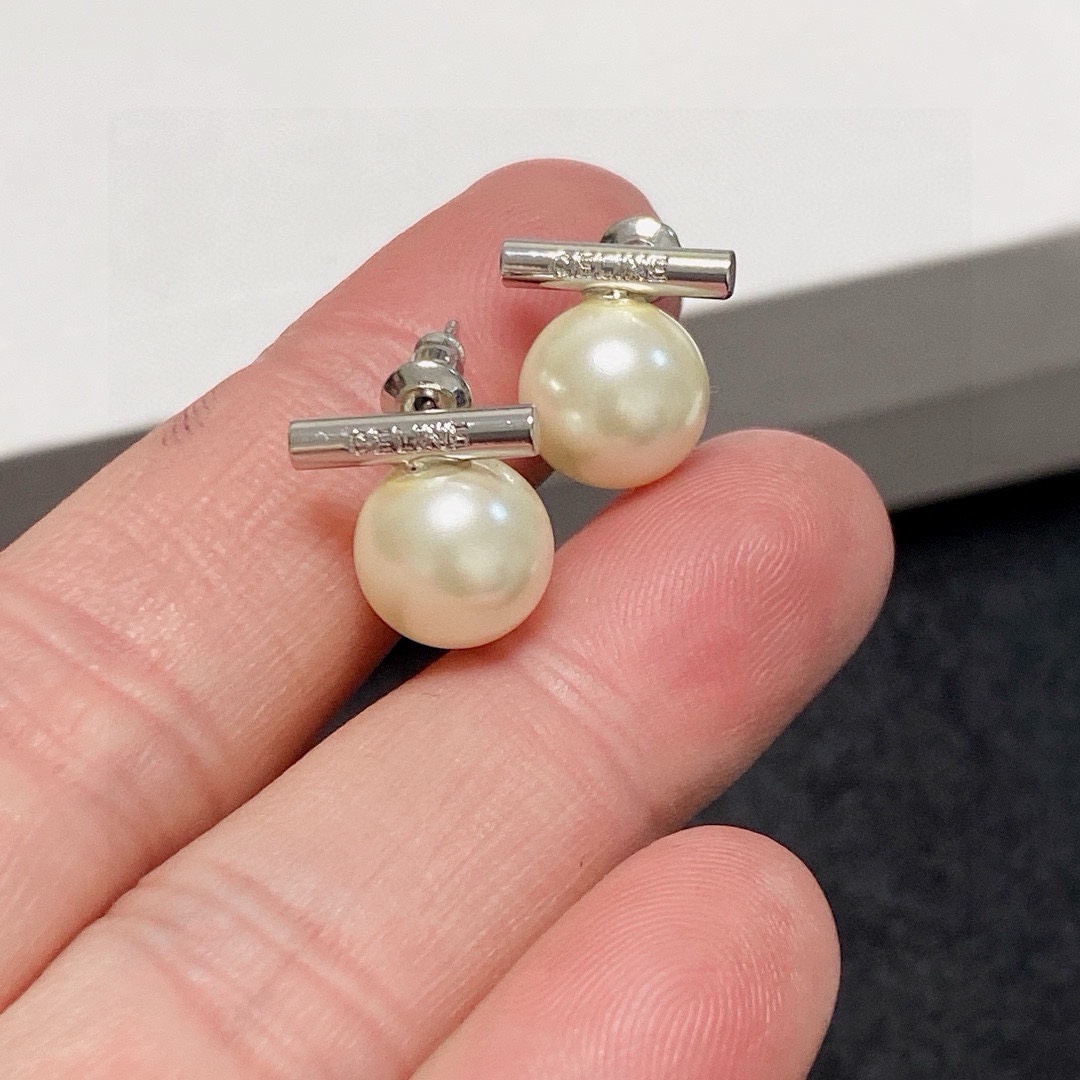 Celine Bar Pearl Stud Earrings earrings Silver-toned metal cream white pearl clear crystal accents One size 10mm pearl diameter 8mm bar length