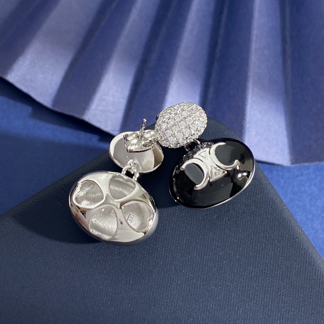 Celine Triomphe Enamel Pave Drop Earrings earrings Gold-tone metal with white enamel and clear pave crystals Silver-tone metal with white black or pink enamel and clear pave crystals One Size