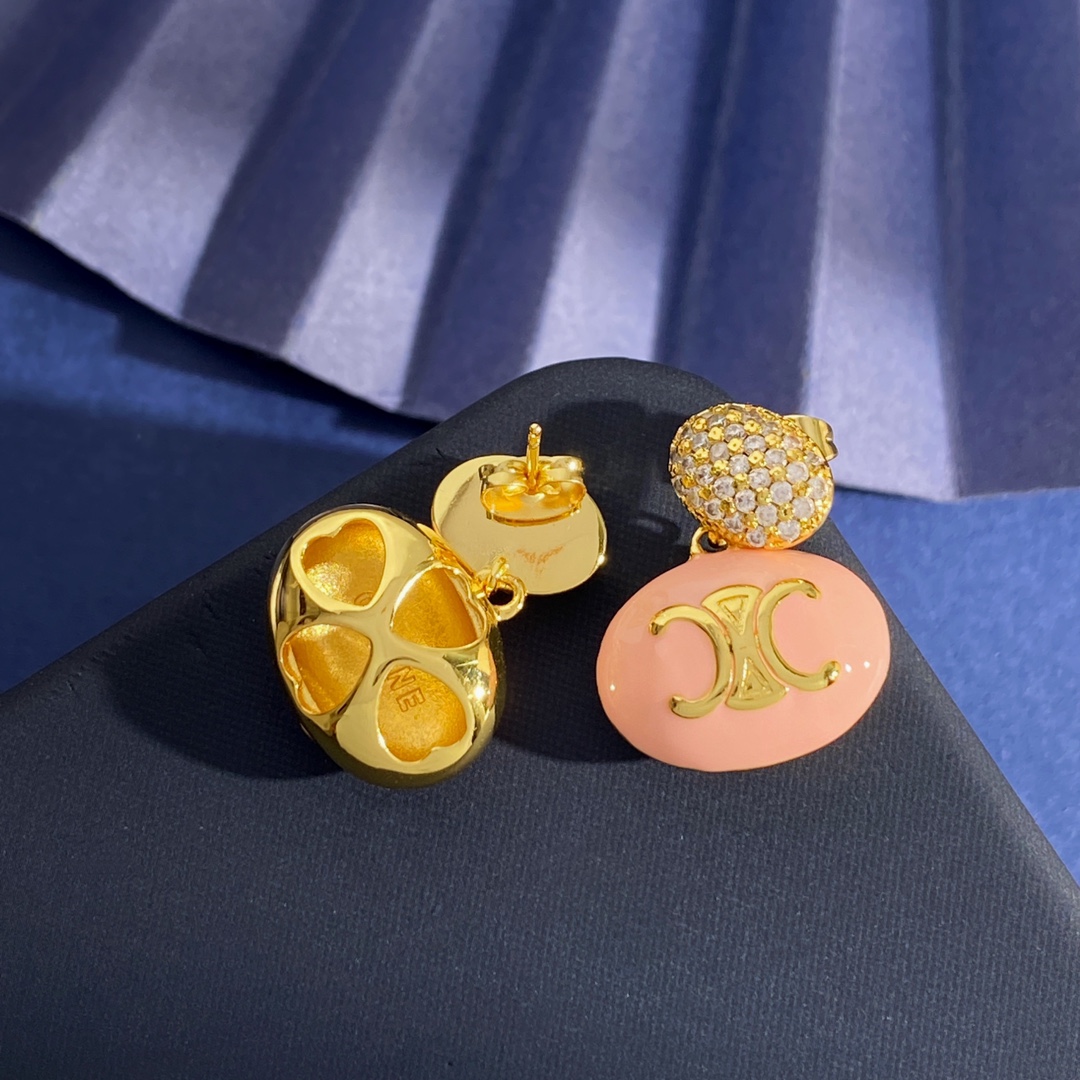 Celine Triomphe Enamel Pave Drop Earrings earrings Gold-tone metal with white enamel and clear pave crystals Silver-tone metal with white black or pink enamel and clear pave crystals One Size