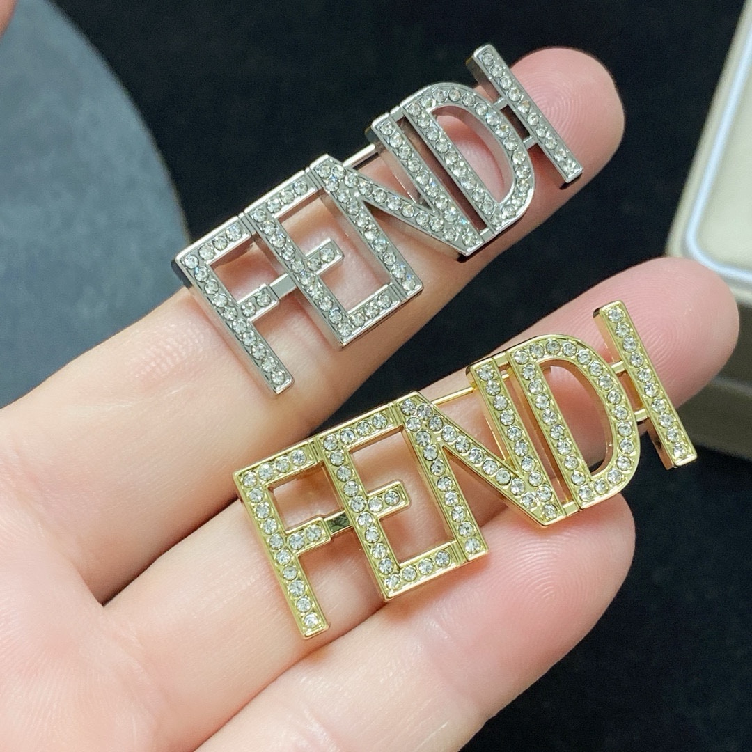 Fendi Fendi Logo Letter Brooch brooch gold-tone metal with clear crystal pave silver-tone metal with clear crystal pave 3 5cm width