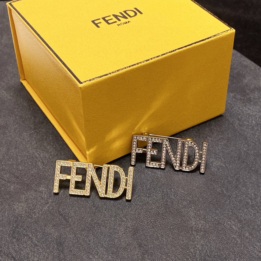 Fendi Fendi Logo Letter Brooch brooch gold-tone metal with clear crystal pave silver-tone metal with clear crystal pave 3 5cm width